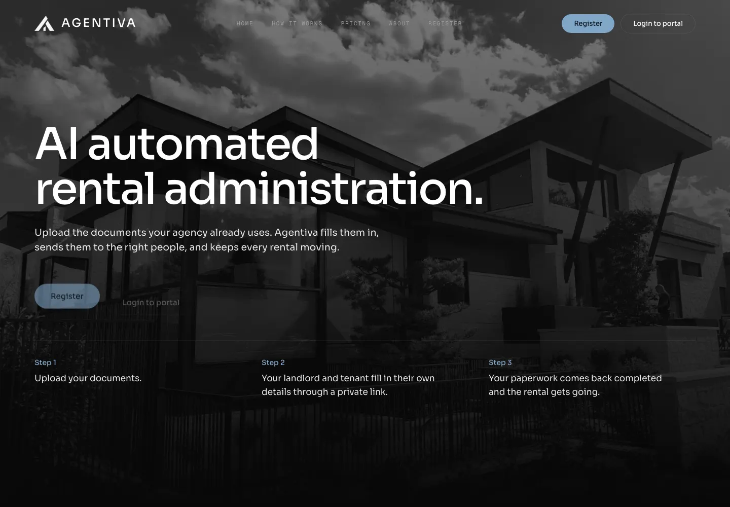 The Agentiva home page, showing its three step explanation of automated rental administration.