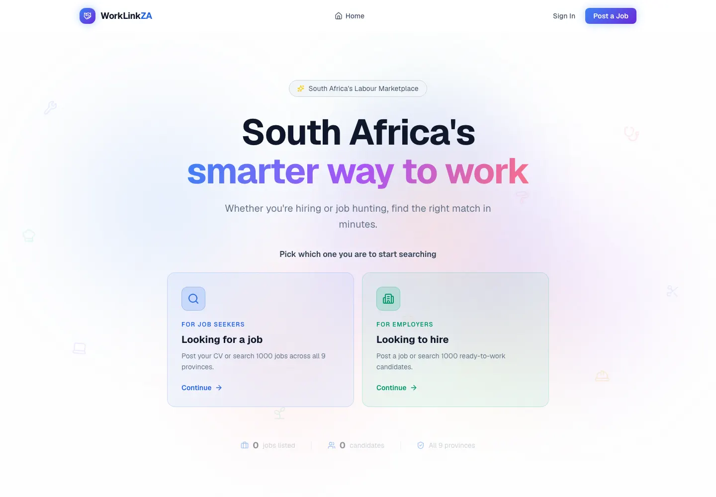 The WorkLinkZA home page, showing its two paths for job seekers and employers.